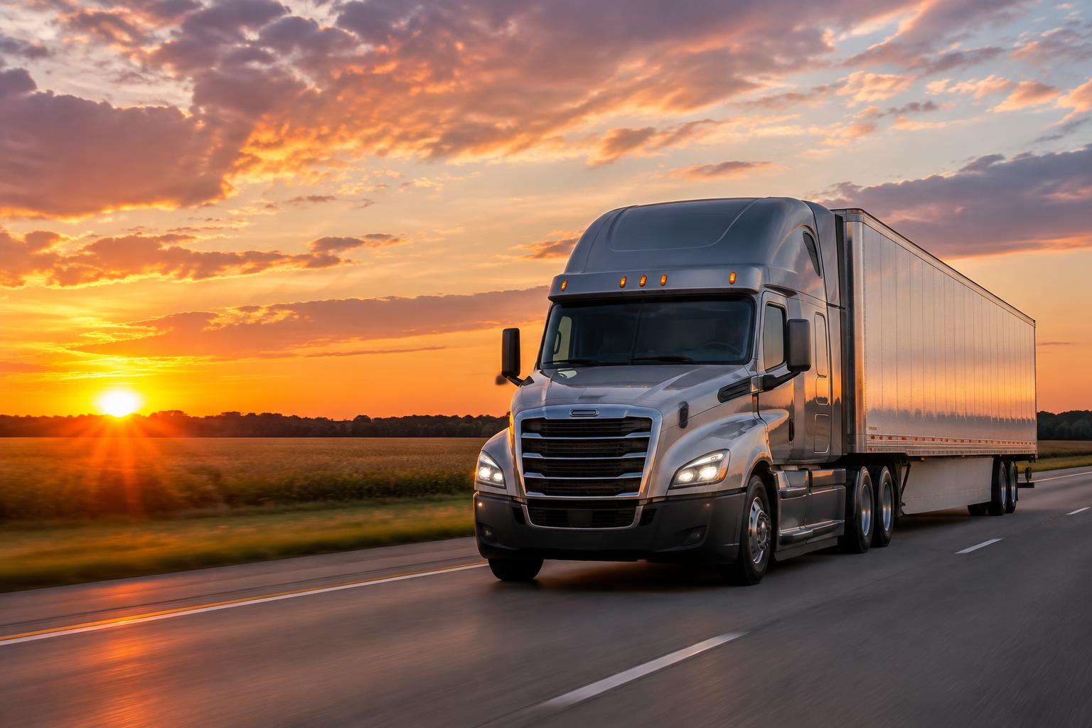 A loaded tractor trailer on the highway outside Columbus at sunset