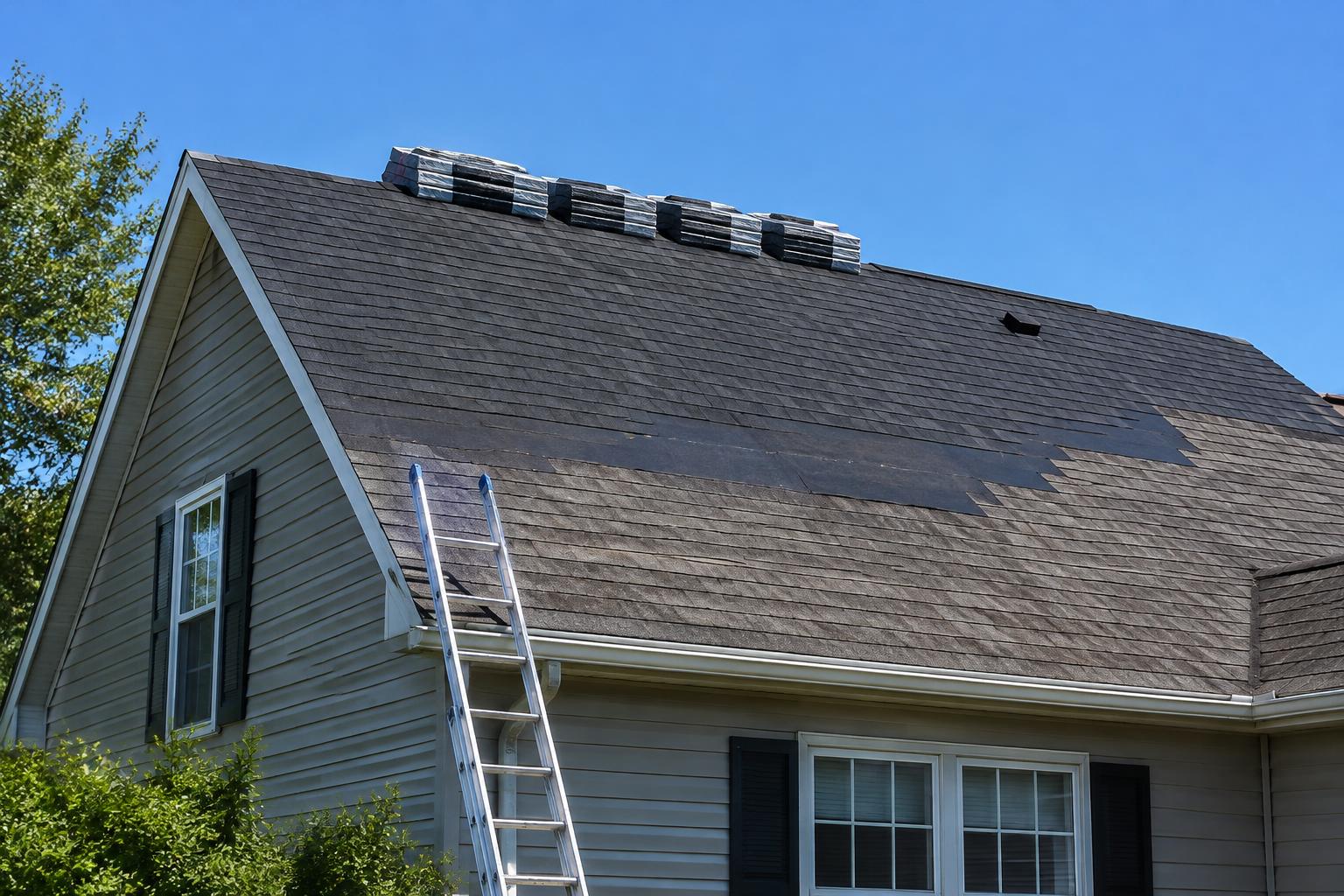 A roof being replaced on a residential house